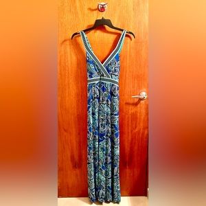 Beautiful long dress, blues, turquoise, white & black print,crossed at the back